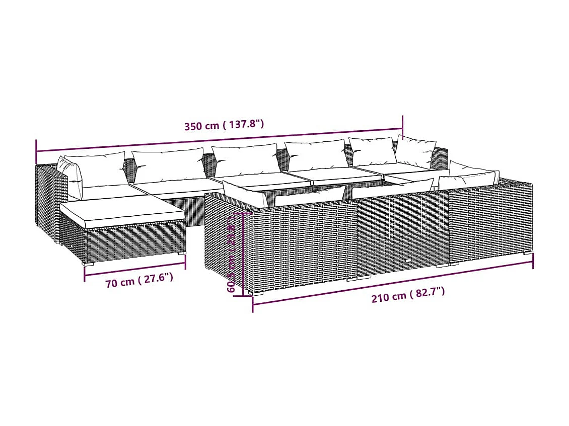 Salon de jardin 10 pcs avec coussins Gris Résine tressée