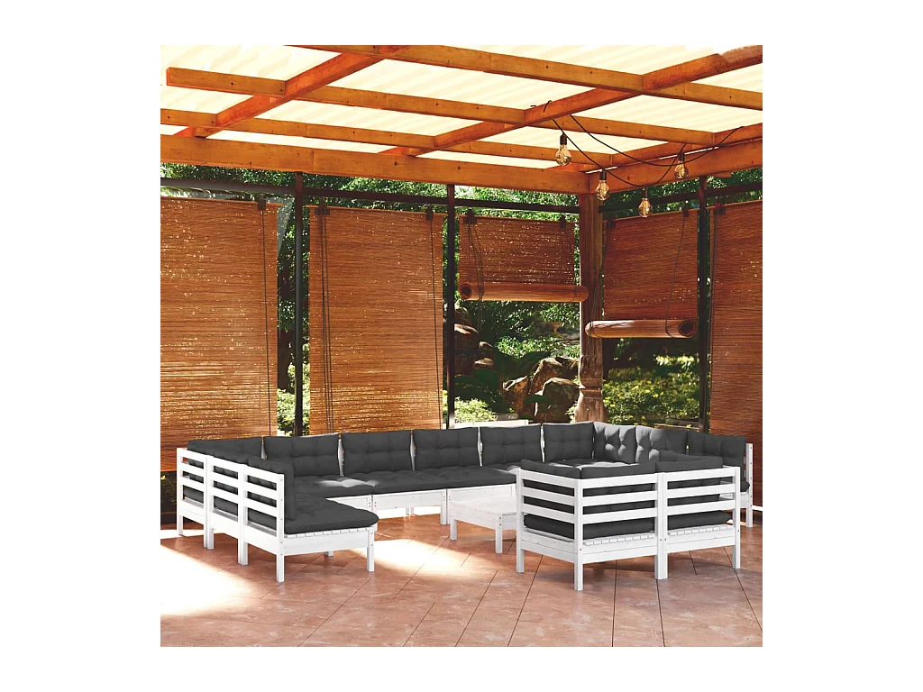 Salon de jardin 13 pcs avec coussins blanc bois de pin