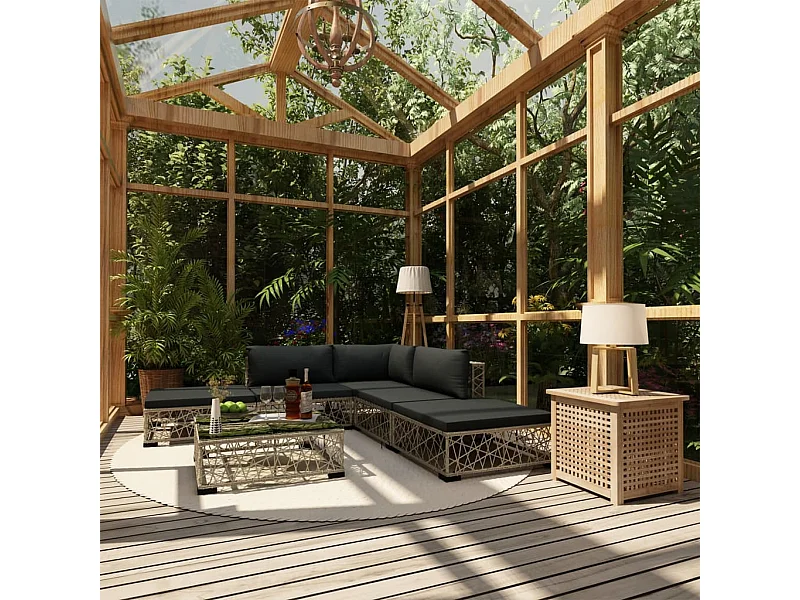 6-tlg. Garten-Lounge-Set mit Auflagen Poly Rattan Grau