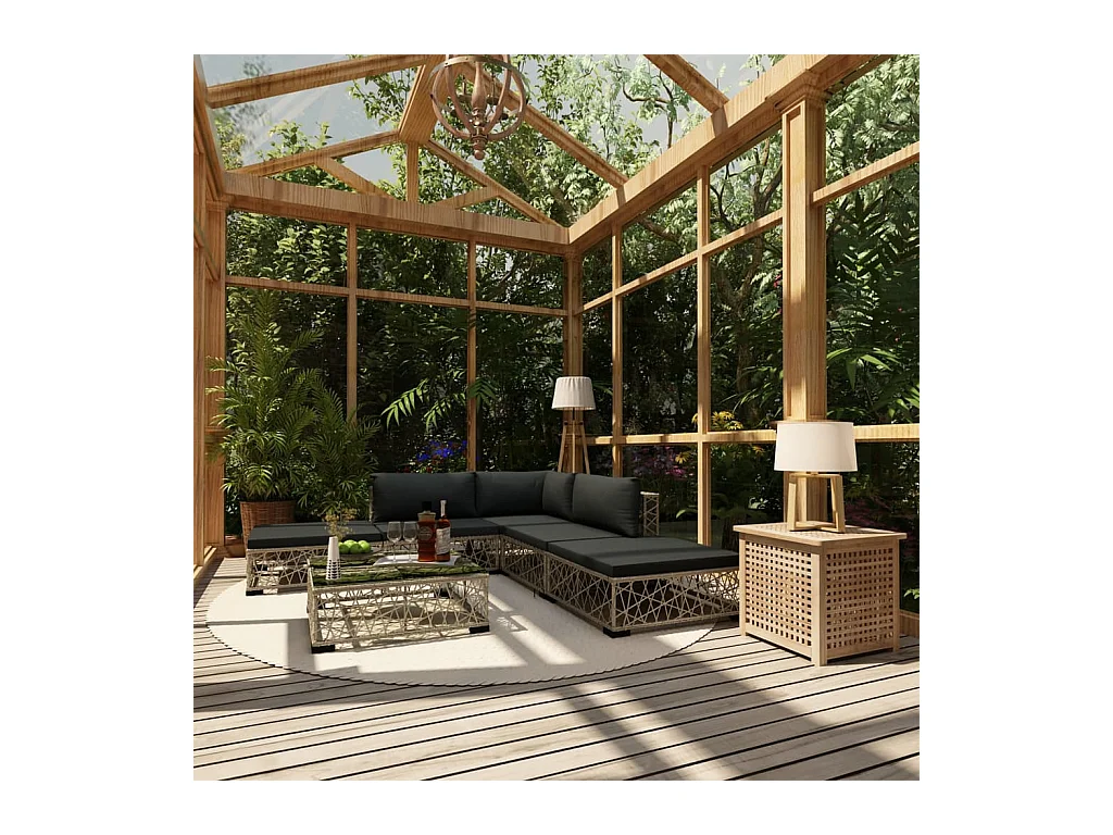 Salon de jardin 6 pcs avec coussins résine tressée gris