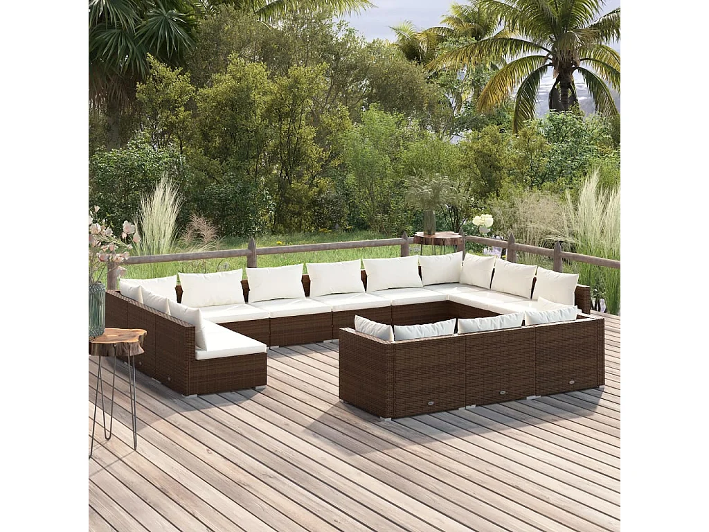 Salon de jardin 13 pcs avec coussins Marron Résine tressée