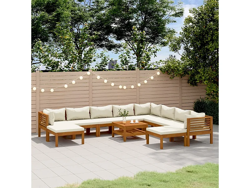 Salon de jardin 11 pcs avec coussin crème Bois d'acacia solide