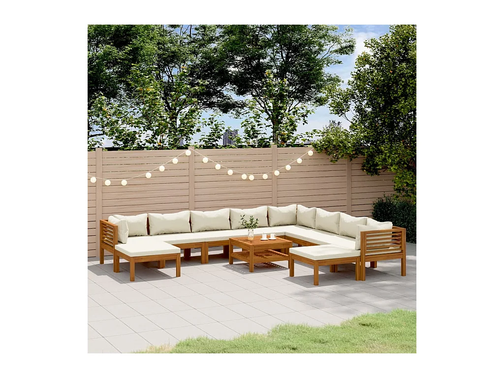 Salon de jardin 11 pcs avec coussin crème Bois d'acacia solide