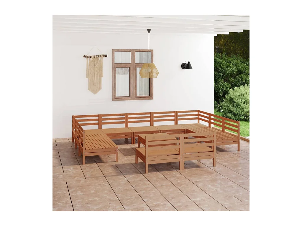 Salon de jardin 12 pcs Marron miel Bois de pin massif