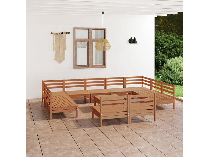 Set Salotto da Giardino 12 pz in Legno Massello di Pino ambra