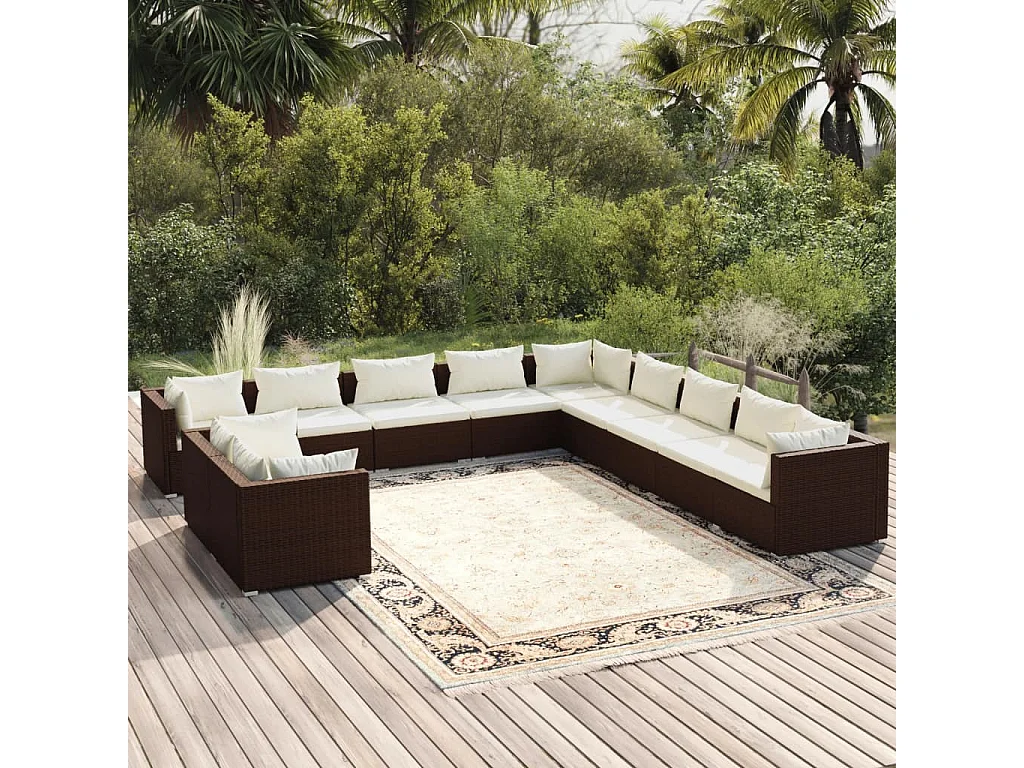 Set Divani da Giardino 11 pz con Cuscini in Polyrattan Marrone