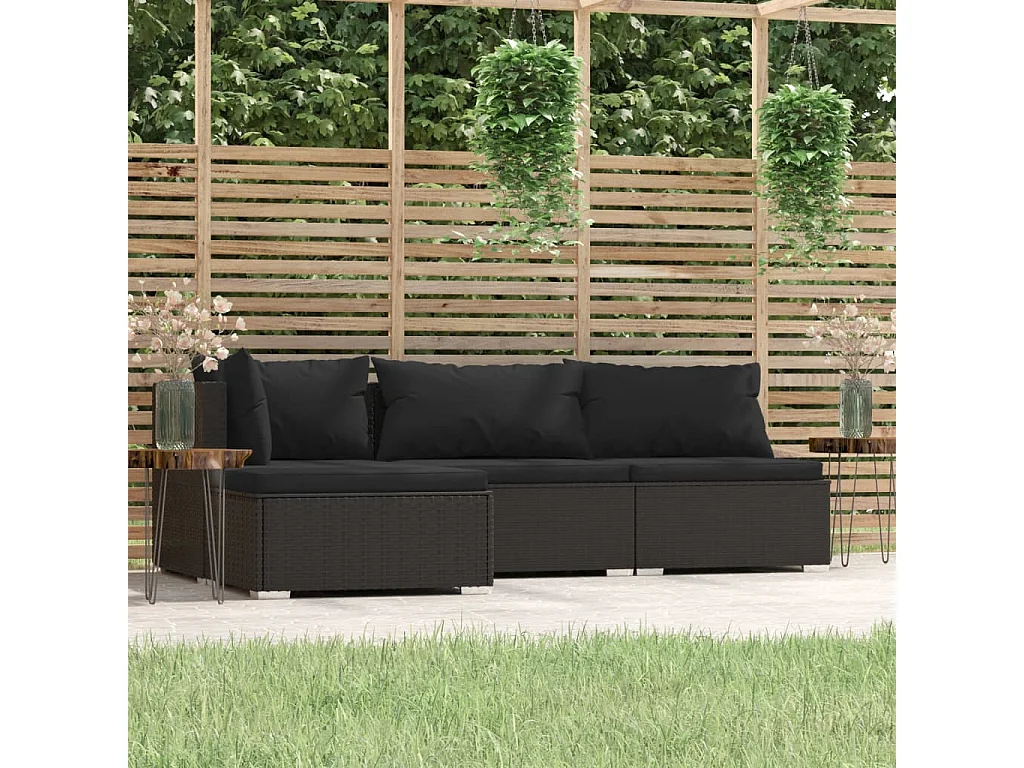 Salon de jardin 4 pcs avec coussins Noir Résine tressée