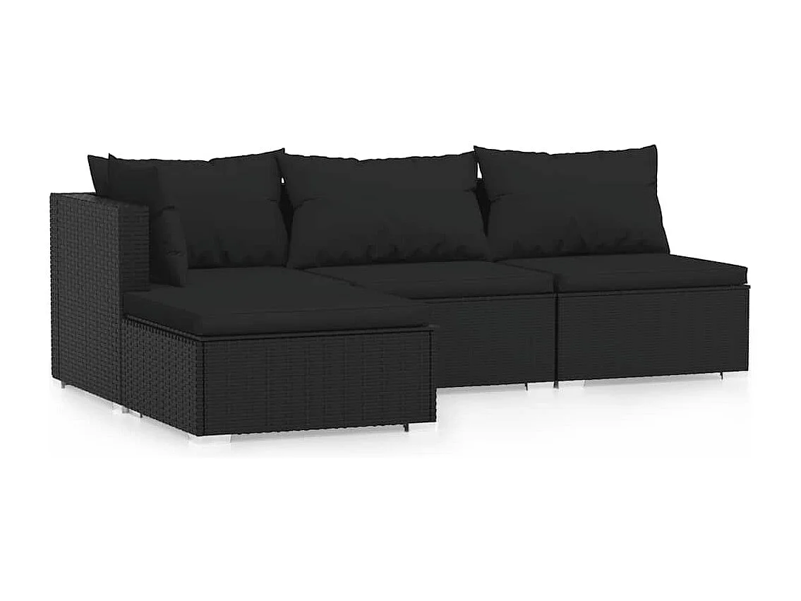 Salon de jardin 4 pcs avec coussins Noir Résine tressée