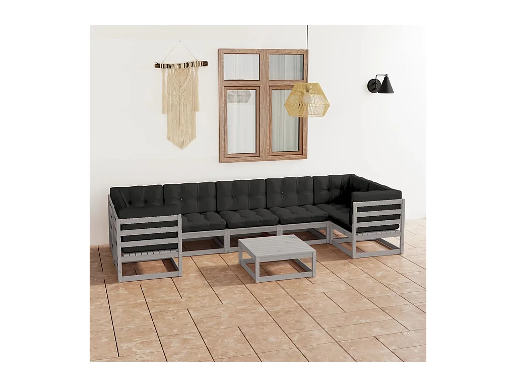 8-delige Loungeset met kussens massief grenenhout grijs