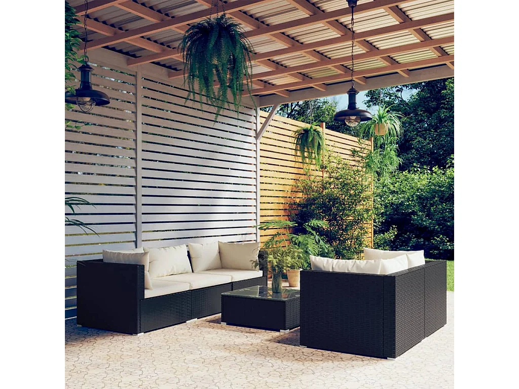 6-tlg. Garten-Lounge-Set mit Kissen Poly Rattan Schwarz