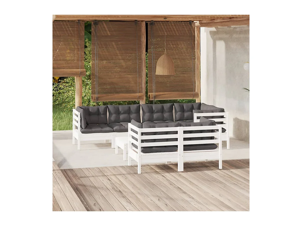 Set Divani da Giardino 8 pz con Cuscini Bianchi Legno di Pino