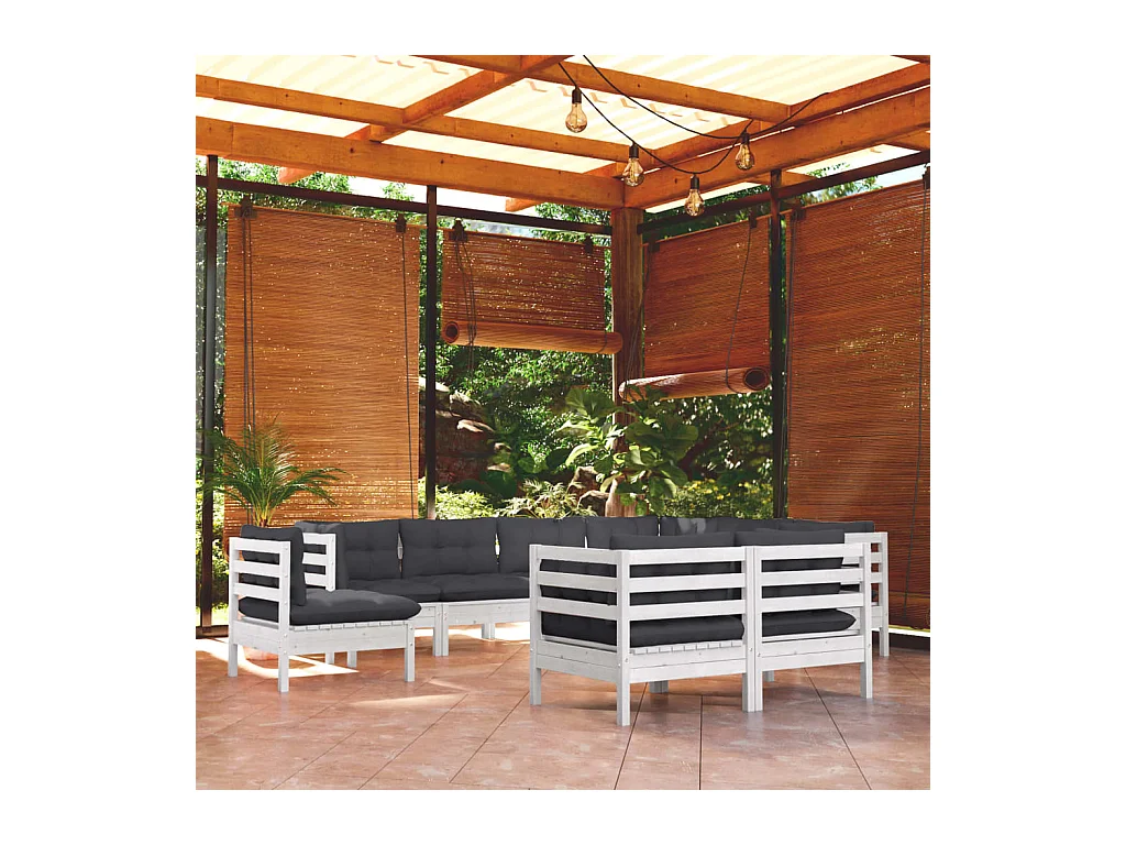 Salon de jardin 9 pcs avec coussins blanc bois de pin massif