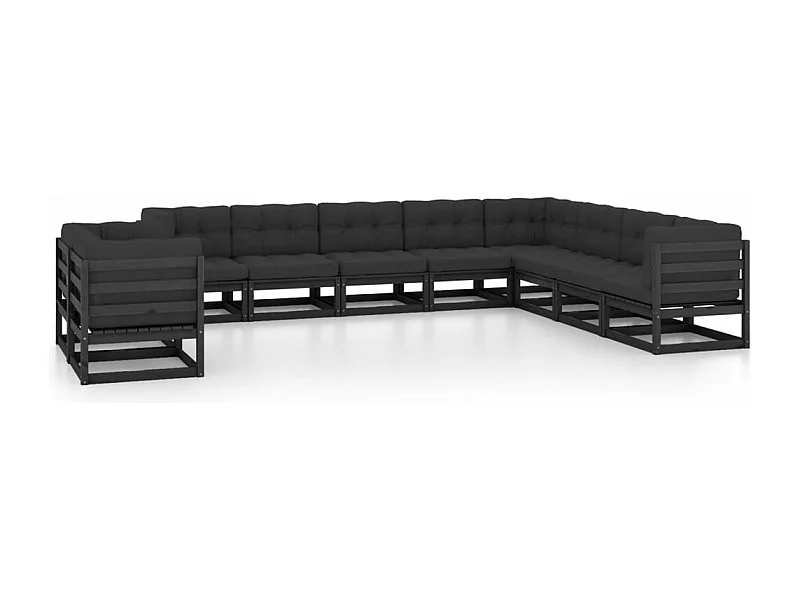10-tlg. Garten-Lounge-Set mit Kissen Schwarz Massivholz Kiefer