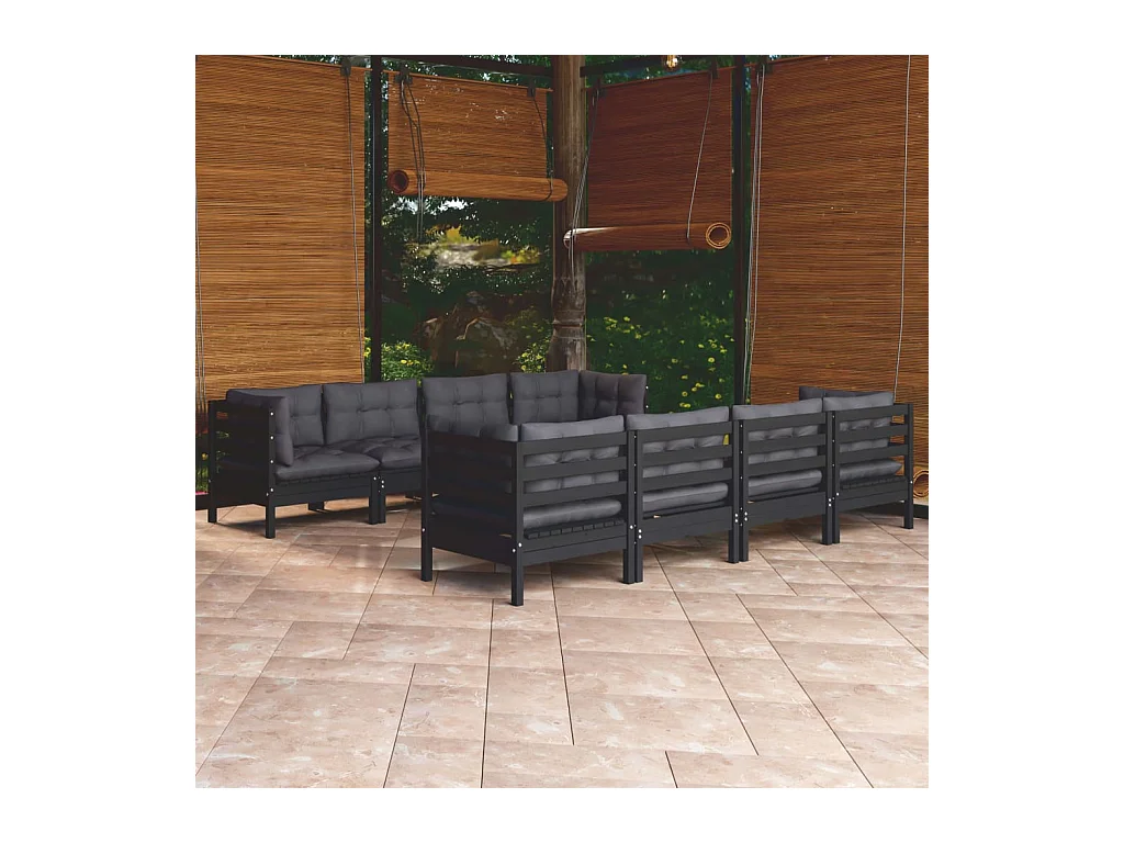 Salon de jardin 9 pcs avec coussins bois de pin massif