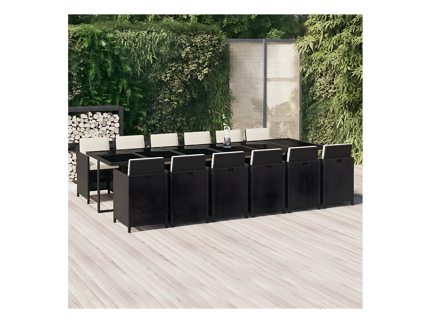 Set da Pranzo per Giardino 13 pz con Cuscini in Polyrattan Nero