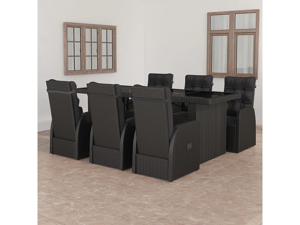 Set da Pranzo da Giardino 7 pz con Cuscini in Polyrattan Nero