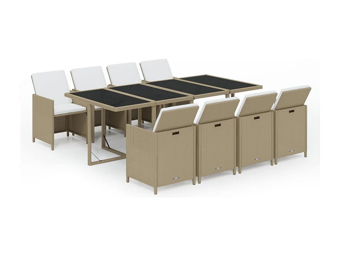 Ensemble à manger de jardin et coussins 9 pcs Poly rotin Beige