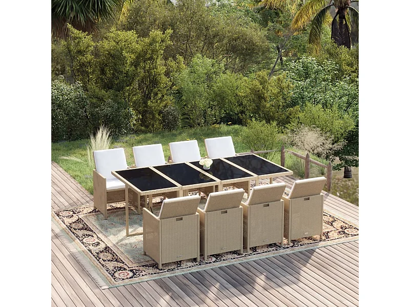 Ensemble à manger de jardin et coussins 9 pcs Poly rotin Beige