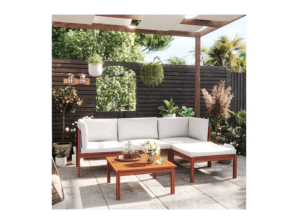 Set da giardino 5 pezzi con cuscini in legno crema, acacia e corda