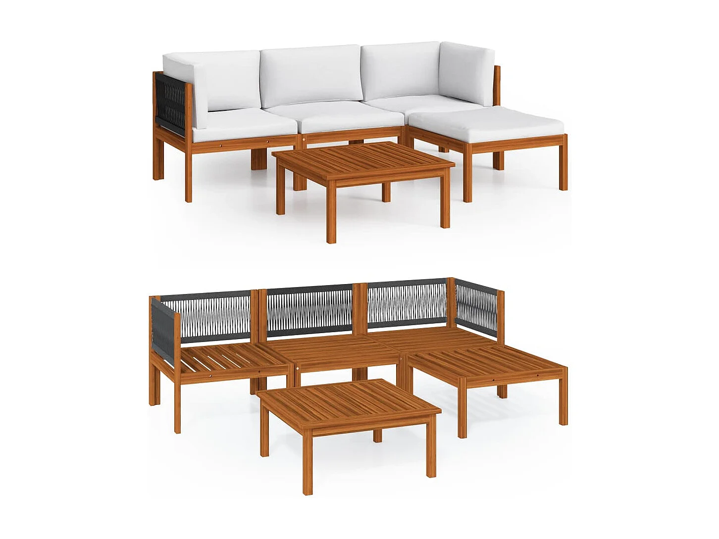 5-tlg. Garten-Lounge-Set mit Kissen Cremefarbenes Holz Akazie & Seil