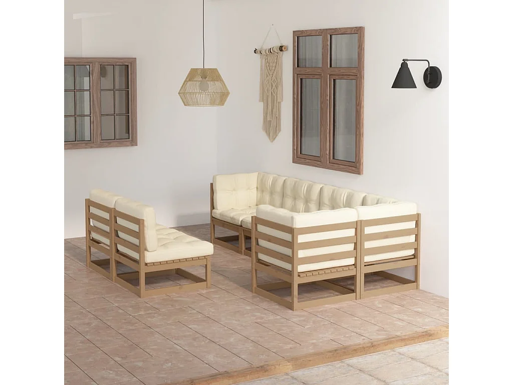 7 pcs conjunto lounge de jardim c/ almofadões pinho maciço