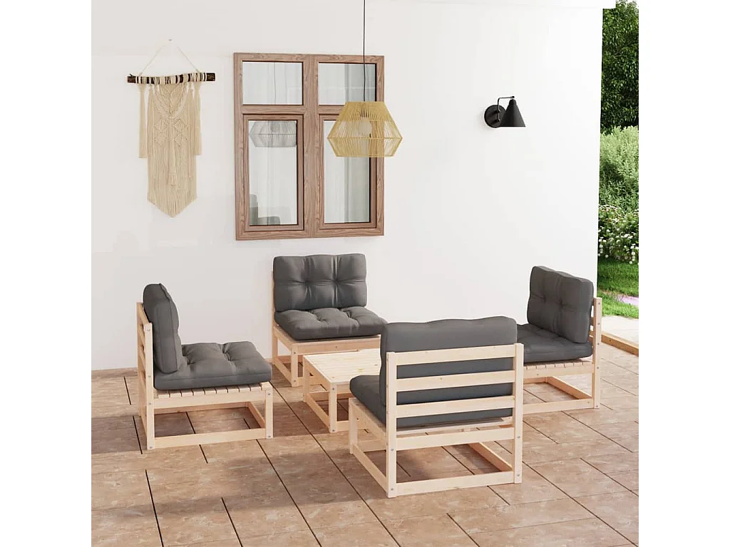 Set Divani da Giardino 5 pz con Cuscini Legno Massello di Pino