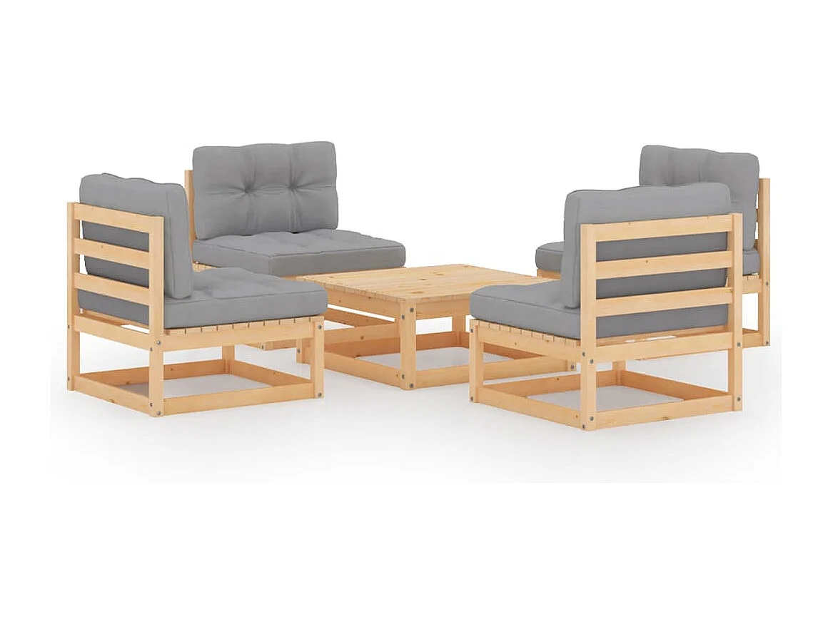 Set Divani da Giardino 5 pz con Cuscini Legno Massello di Pino