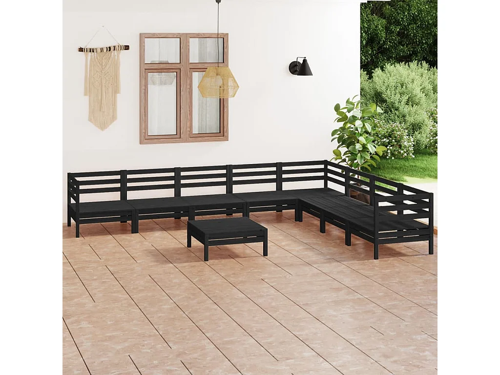 Set Salotto da Giardino 9 pz in Legno Massello di Pino Nero