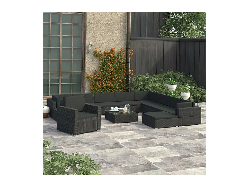 Salon de jardin 12 pcs avec coussins résine tressée noir