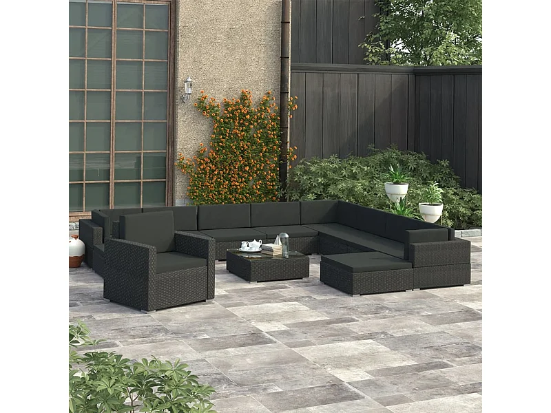 Salon de jardin 12 pcs avec coussins résine tressée noir