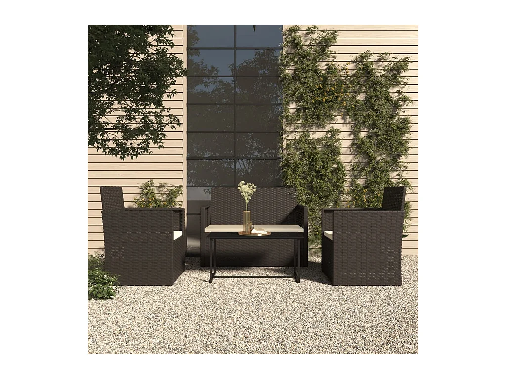 Mobilier d'extérieur 4 pcs avec coussins Résine tressée Noir