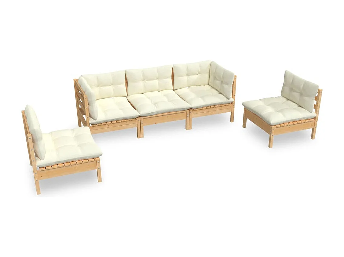5-tlg. Garten-Lounge-Set mit Creme Kissen Massivholz Kiefer