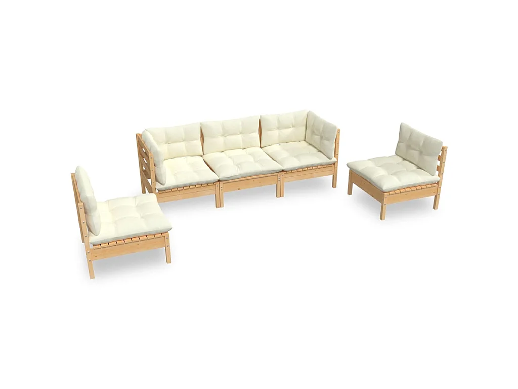 MMuebles de jardín 5 pzas y cojines madera maciza de pino crema