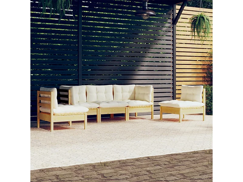 Salon de jardin 5 pcs avec coussins crème bois de pin massif