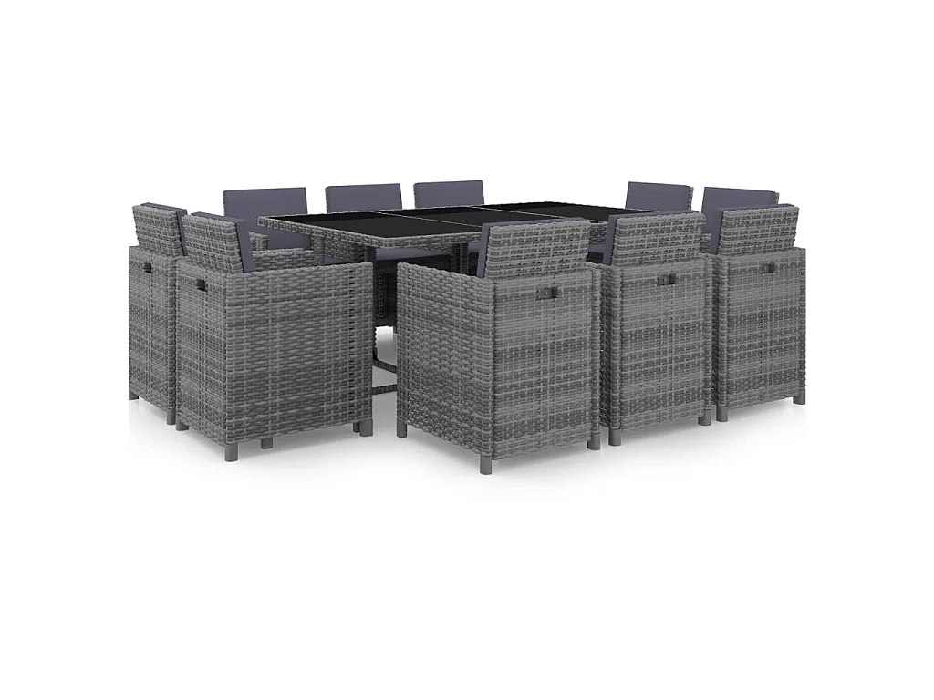 11 pcs conjunto jantar exterior c/ almofadões vime PE cinzento