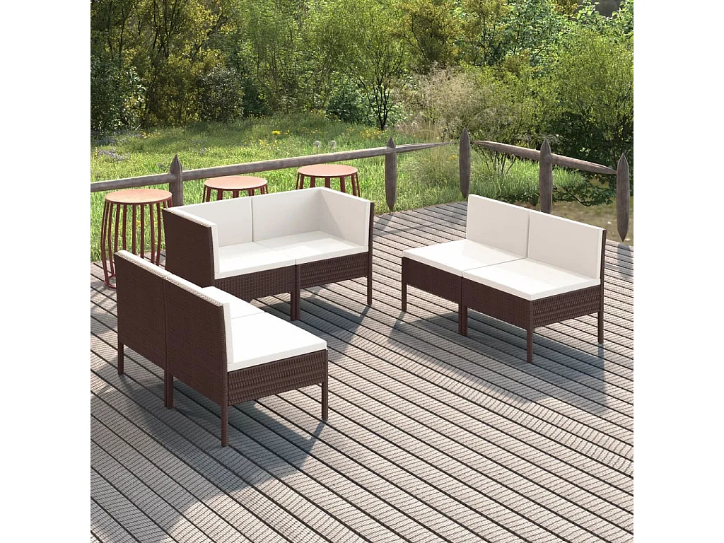 Salon de jardin 6 pcs avec coussins Résine tressée Marron