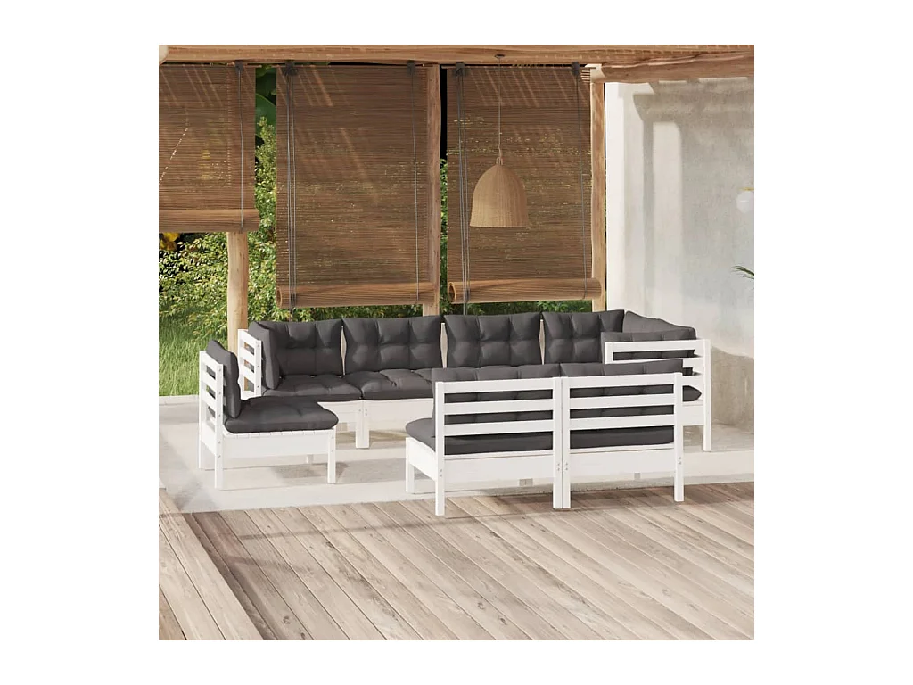 Set Divani da Giardino 8 pz con Cuscini Bianchi Legno di Pino
