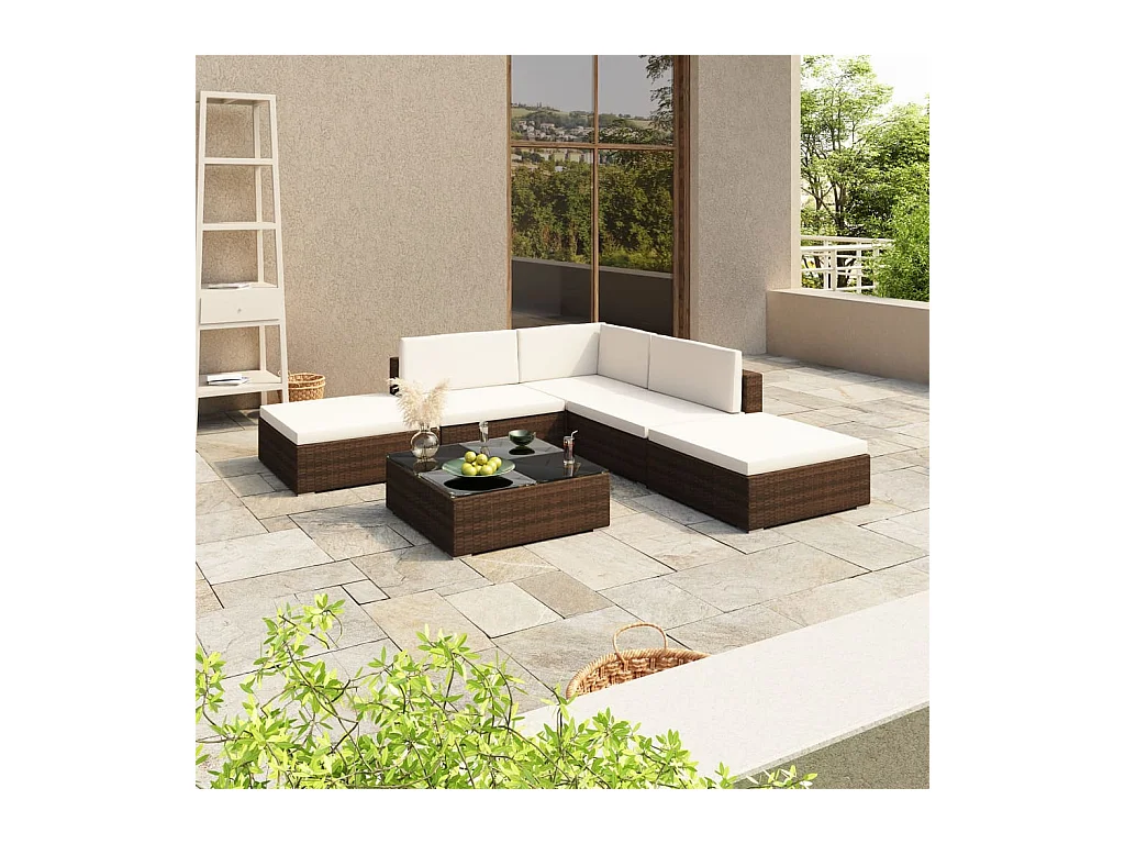 Set Divani da Giardino 6 pz con Cuscini in Polyrattan Marrone