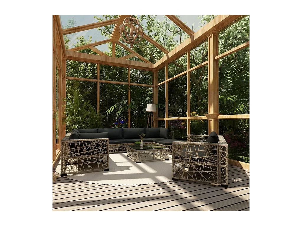 Salon de jardin 10 pcs avec coussins Résine tressée Gris