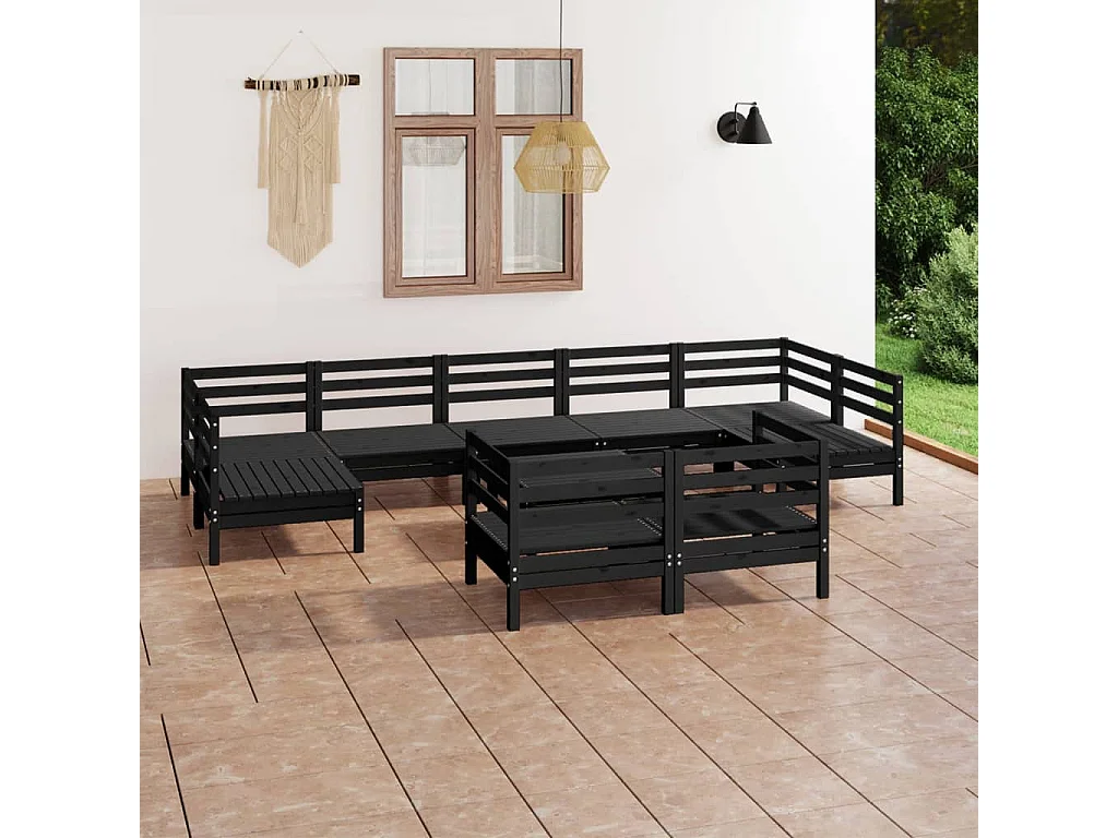 Salon de jardin 10 pcs Noir Bois de pin massif