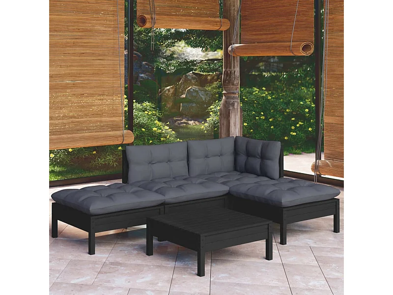 Set Divani da Giardino 5 pz con Cuscini Neri in Legno di Pino