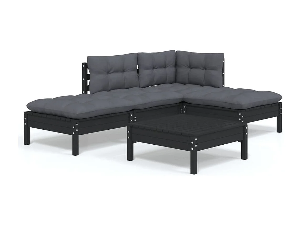 Set Divani da Giardino 5 pz con Cuscini Neri in Legno di Pino