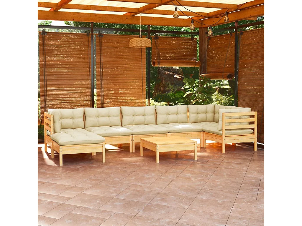 Salon de jardin 8 pcs avec coussins crème Bois de pin massif