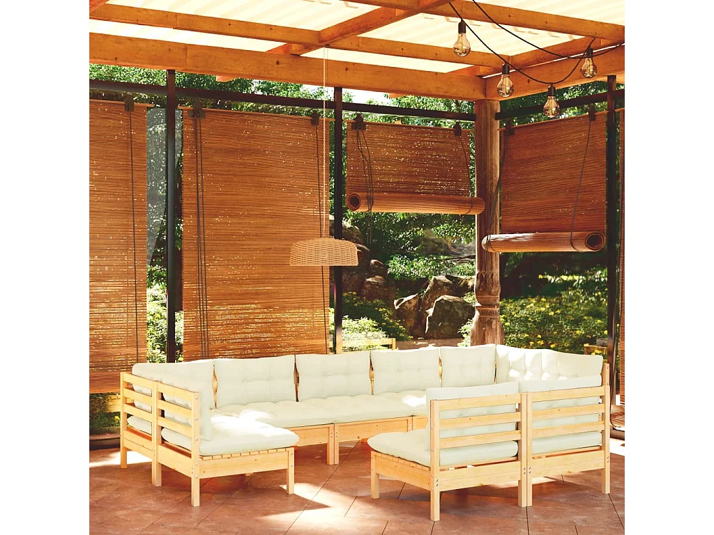 Salon de jardin 9 pcs avec coussins crème bois de pin massif