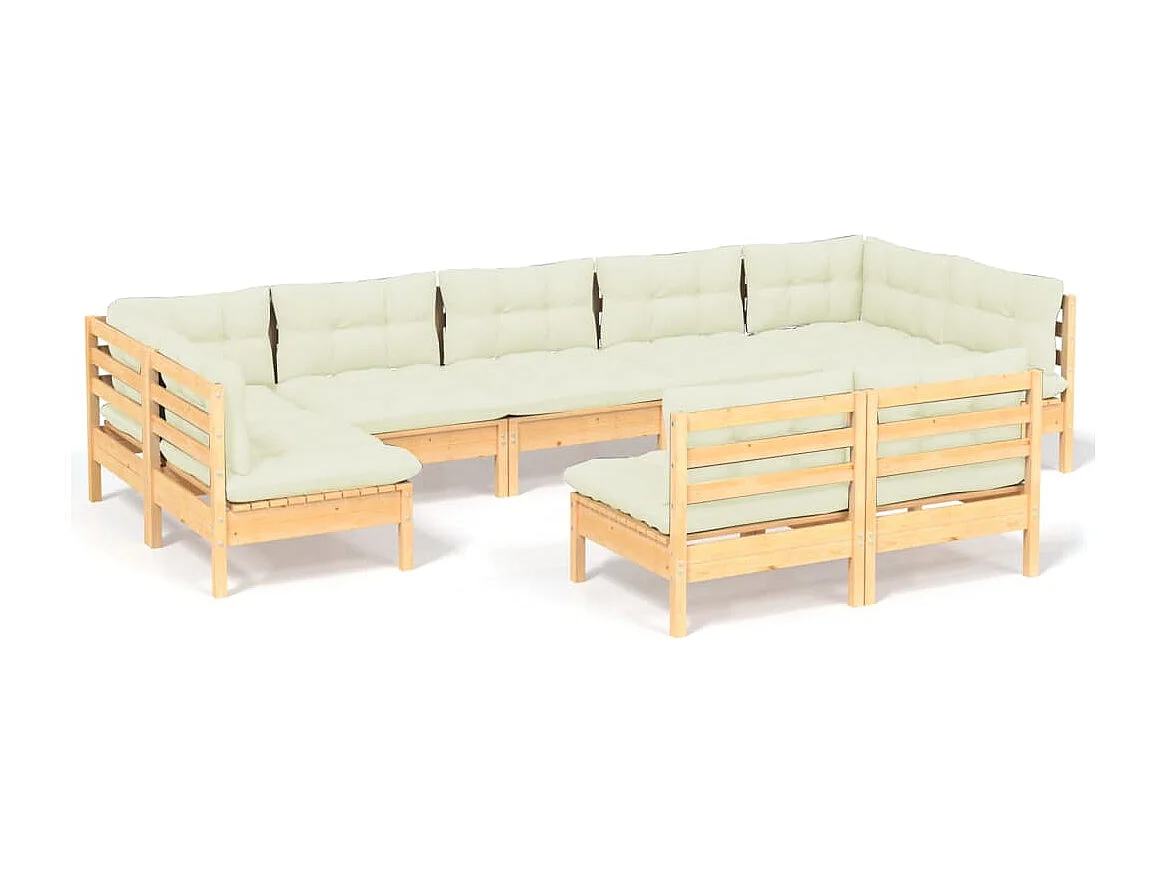Salon de jardin 9 pcs avec coussins crème bois de pin massif