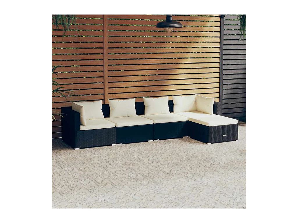 5-delige Loungeset met kussens poly rattan zwart
