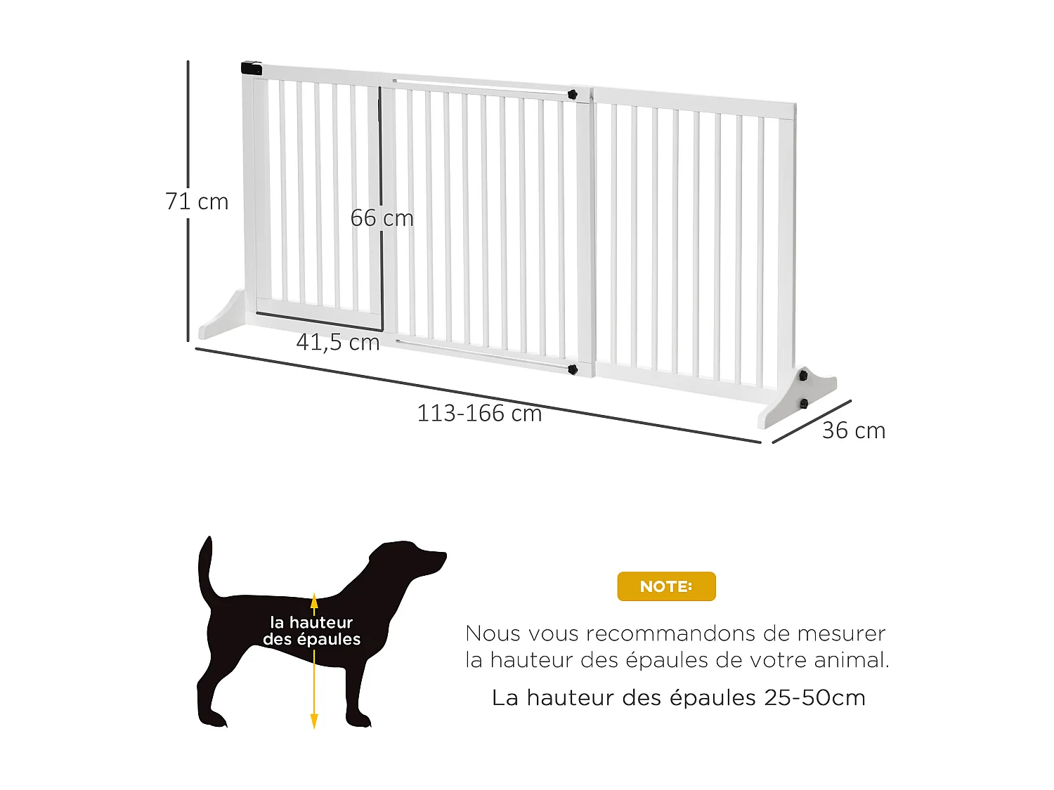 Barrière de sécurité chien barrière autoportante longueur réglable porte verrouillable intégrée dim. 113-166L x 36l x 71H cm sapin blanc