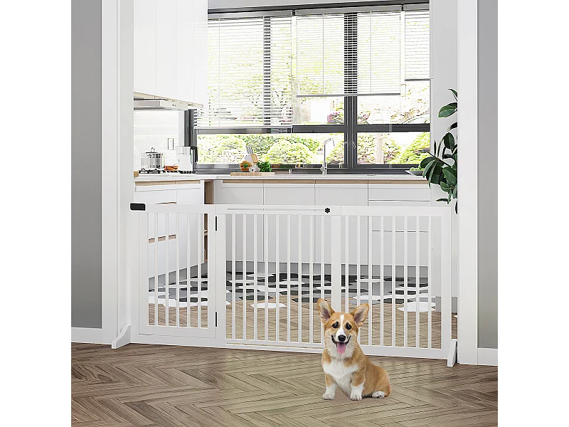 Barrière de sécurité chien barrière autoportante longueur réglable porte verrouillable intégrée dim. 113-166L x 36l x 71H cm sapin blanc