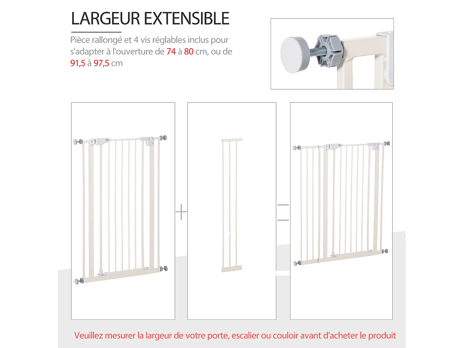 Barrière de sécurité longueur réglable dim. 74-84 cm ou 92-102 cm sans perçage métal plastique blanc