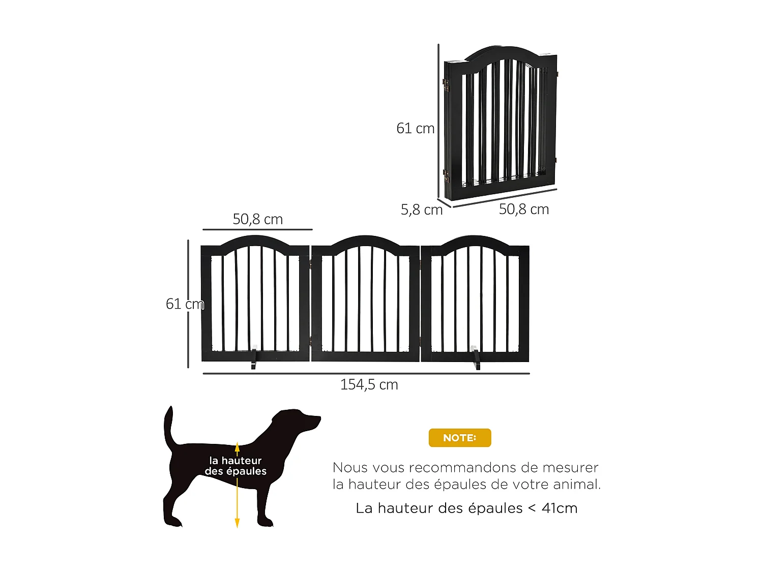 Barrière de sécurité barrière modulable pliable pour animaux de compagnie - piètement support - dim. 154,5L x 61H cm - MDF bois noir